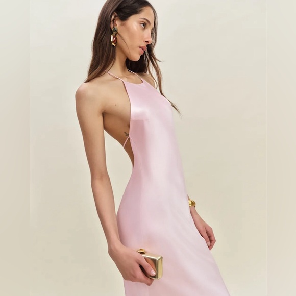 Reformation Jeany Silk Halter Button Slip Maxi Dress Gown Pink Cherry Blossom - Picture 3 of 13